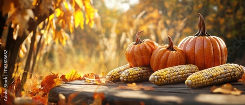 Autumn harvest scene with pumpkins and corn on a wooden table. photo