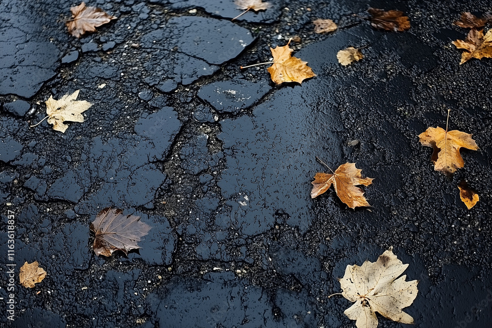 Oil-stained asphalt with scattered leaves Oil-stained asphalt with scattered leaves