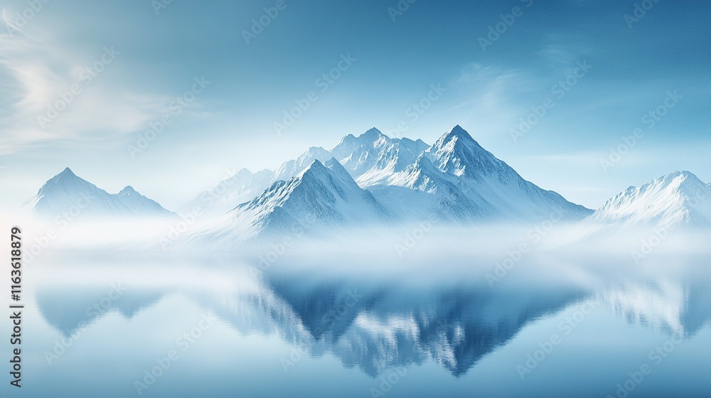 Majestic mountain landscape, tranquil lake mirroring the sky, peaceful ambiance, nature's serene beauty on display Majestic mountain landscape, tranquil lake mirroring the sky, peaceful ambiance, nature's serene beauty on display