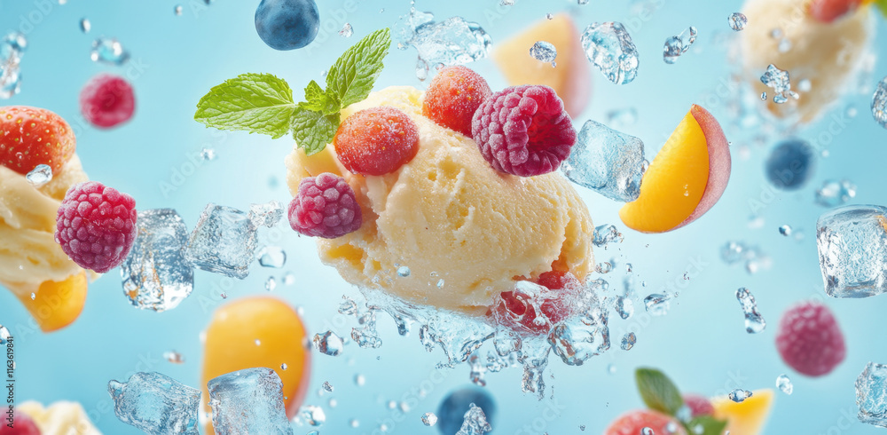 A scoop of creamy ice cream surrounded by vibrant fruits like raspberries, blueberries, and peaches, as splashes of water create a refreshing atmosphere. A scoop of creamy ice cream surrounded by vibrant fruits like raspberries, blueberries, and peaches, as splashes of water create a refreshing atmosphere.