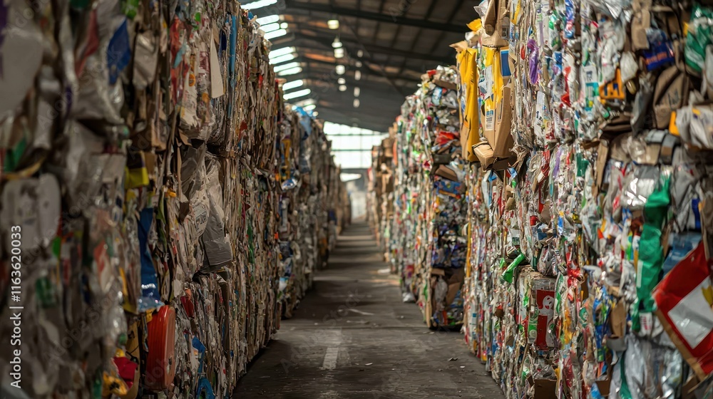 Fototapeta premium Recycled materials stacked high in a warehouse