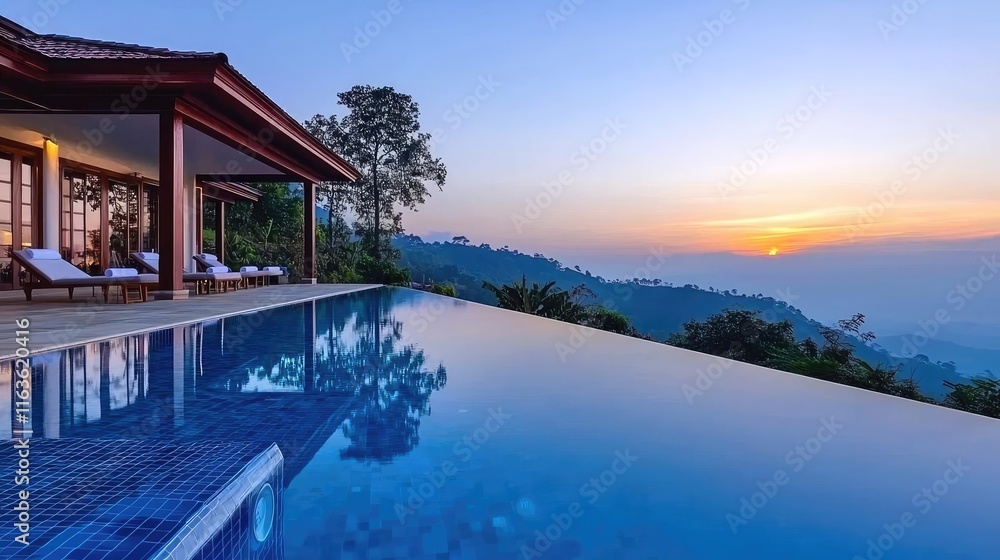 Fototapeta premium Getaway vacation idea. Luxurious villa with stunning sunset view and infinity pool in serene mountains.