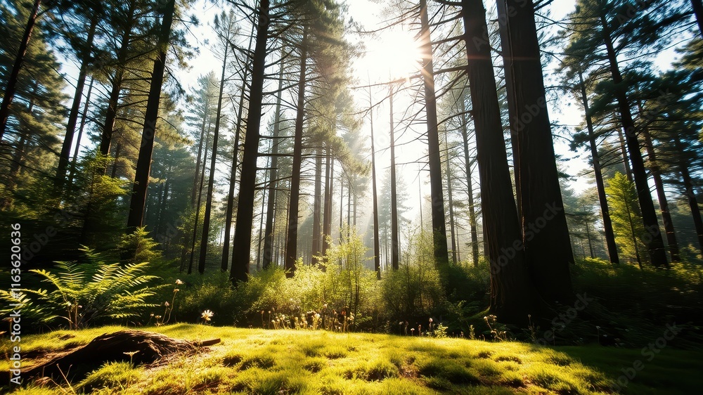 Fototapeta premium Sunlit Forest Path Lush Green Undergrowth, Tall Trees, and Rays of Sunlight Filtering Through