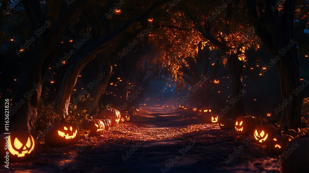 Halloween spooky tunnel path with glowing jack-o'-lanterns. Halloween spooky tunnel path with glowing jack-o'-lanterns.