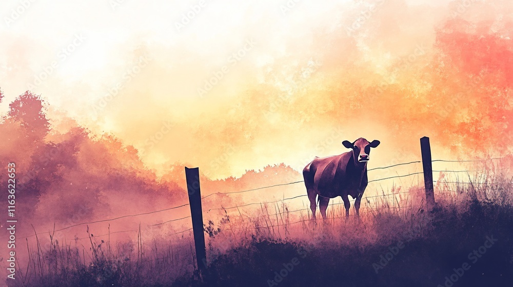 Naklejka premium A solitary brown cow stands in a misty field at sunset, framed by a rustic fence.