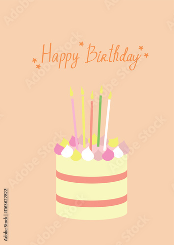 Happy birthday greeting card. Cute colorful party cake with candles and hand draw lettering. Vector illustration template