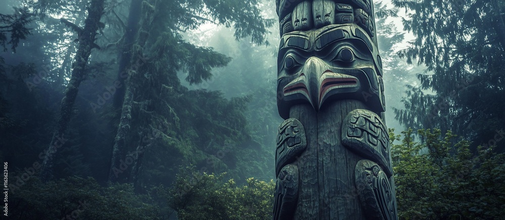 Carved Totem Pole in a Misty Forest. Carved Totem Pole in a Misty Forest.