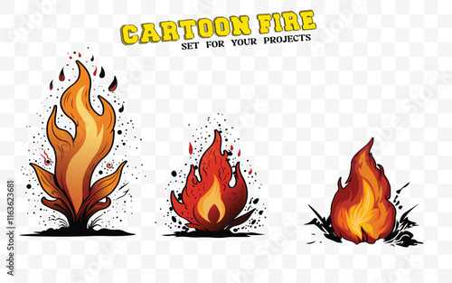 Cartoon fire vector set with blazing flames—perfect for animations, designs, and fiery projects. Bold, vibrant, and ready to use
