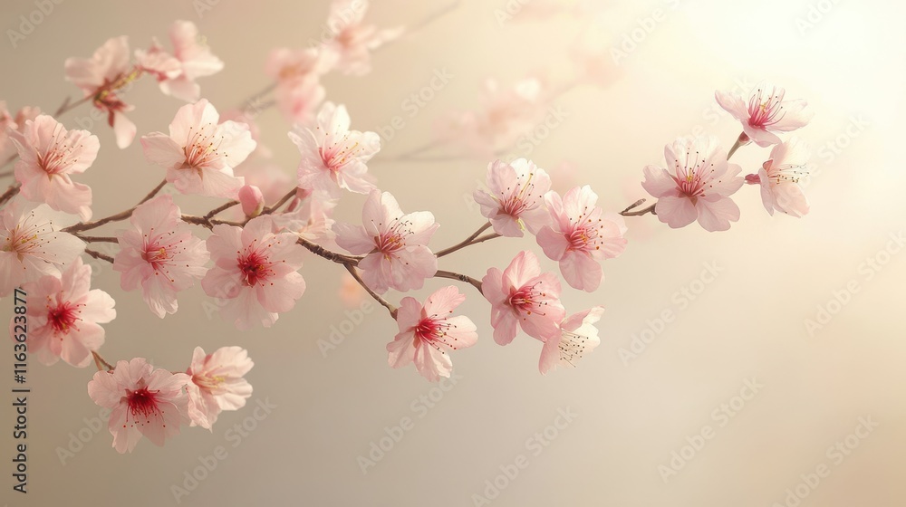 Cherry blossom branch on taupe canvas with dappled sunlight Cherry blossom branch on taupe canvas with dappled sunlight