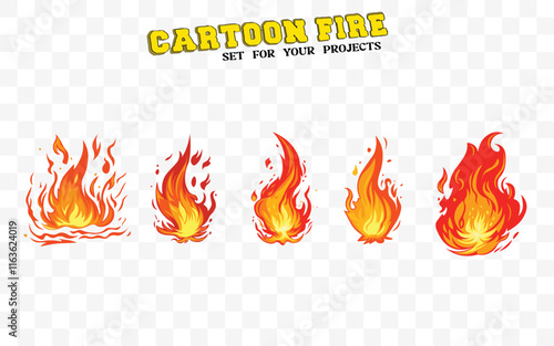 Cartoon fire vector set with blazing flames—perfect for animations, designs, and fiery projects. Bold, vibrant, and ready to use