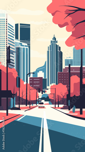 Atlanta Cityscape Street View Panorama in Retro Minimalist Style Vector