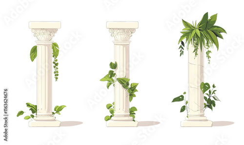 Classic Roman Greek Columns with Greenery - Minimalist Vector Architecture Set