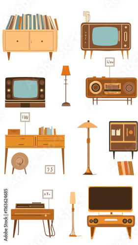 Vintage Furniture Vector for Garage Sale: Cupboard, TV, and Record Player Collection