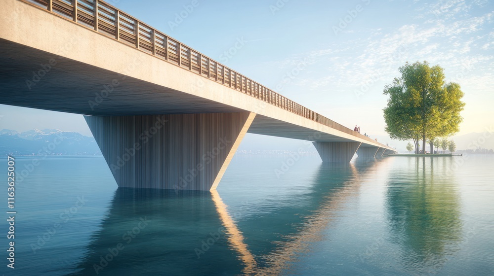 Modern bridge over calm lake, tree, mountains. Modern bridge over calm lake, tree, mountains.