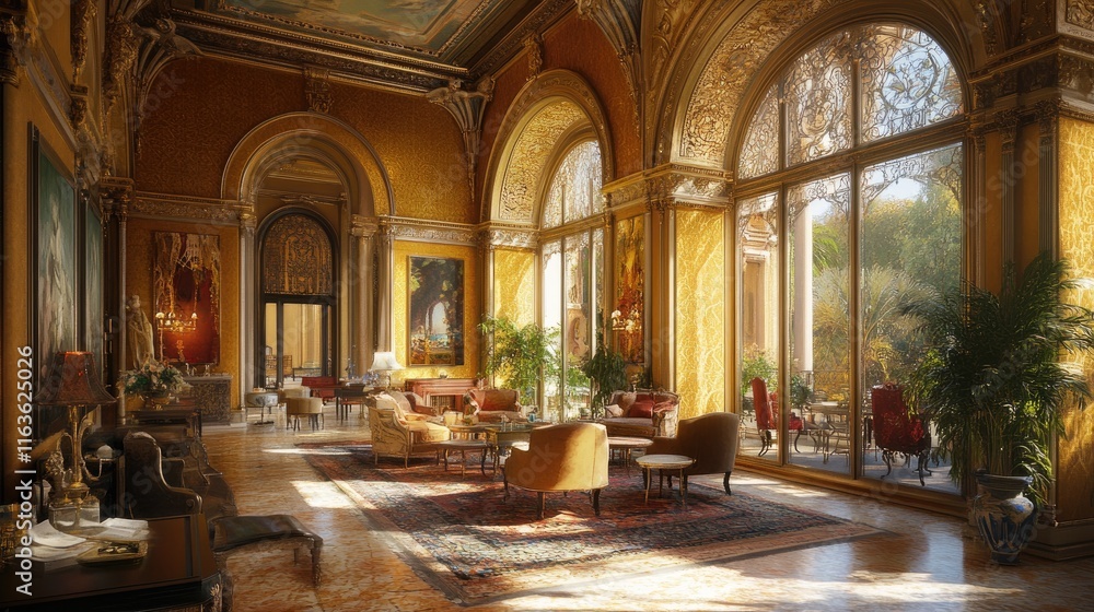Fototapeta premium Sunlit opulent palace hall with antique furniture, arched windows, and ornate decor.