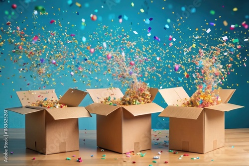 Open cardboard boxes isolated confetti splash