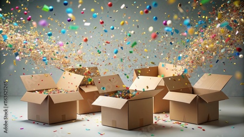 Open cardboard boxes isolated confetti splash