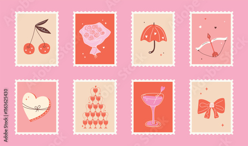 Сute Valentine's day postage stamps set. Hand drawn groovy cartoon sticker elements. 14 February coquette heart, flowers, bow. Funky Saint Valentine design in flat style. love Isolated vector illustra