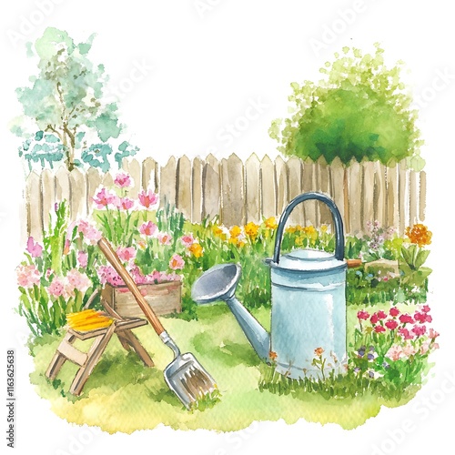 Watercolor painting of a charming garden scene with flowers, a watering can, gardening tools, and a wooden fence.