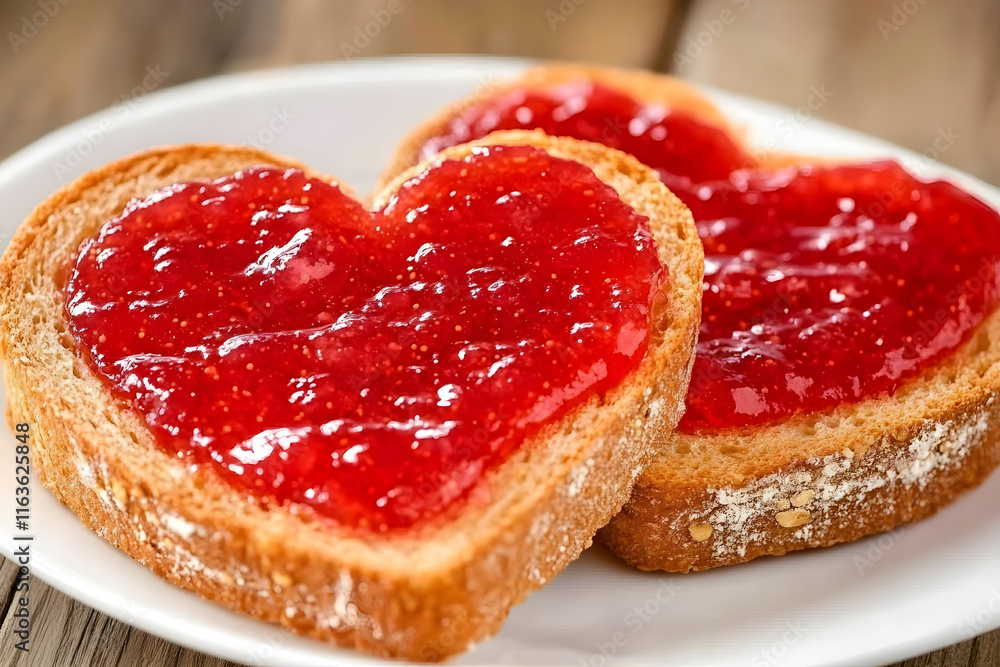 Heart shaped bread with strawberries jam. Valentine's Day background. Heart shaped bread with strawberries jam. Valentine's Day background.