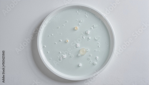 Petri dish with pale blue liquid and bubbles on a light background, Chemistry theme