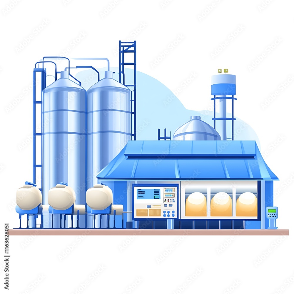 Fototapeta premium Illustration of a modern industrial food processing plant with large silos and control panels.