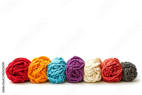 Colorful crochet wool balls arranged on a white background for crafting and creativity photo