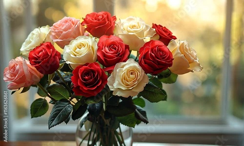 Wallpaper Mural A vibrant bouquet of red, white, and pink roses in a glass vase, symbolizing beauty and love. Torontodigital.ca