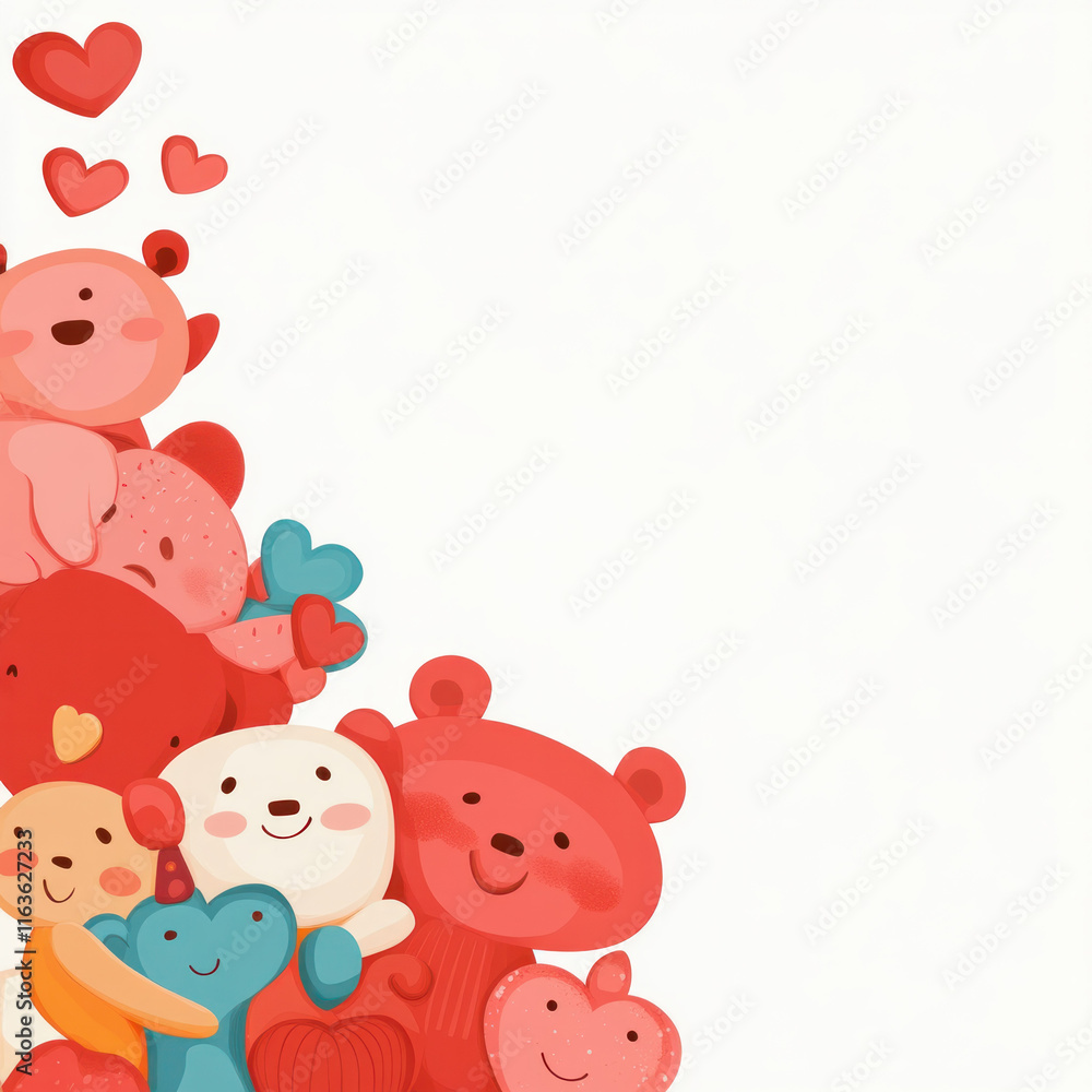 Obraz premium cheerful illustration of colorful teddy bears and hearts on white background, evoking love and warmth