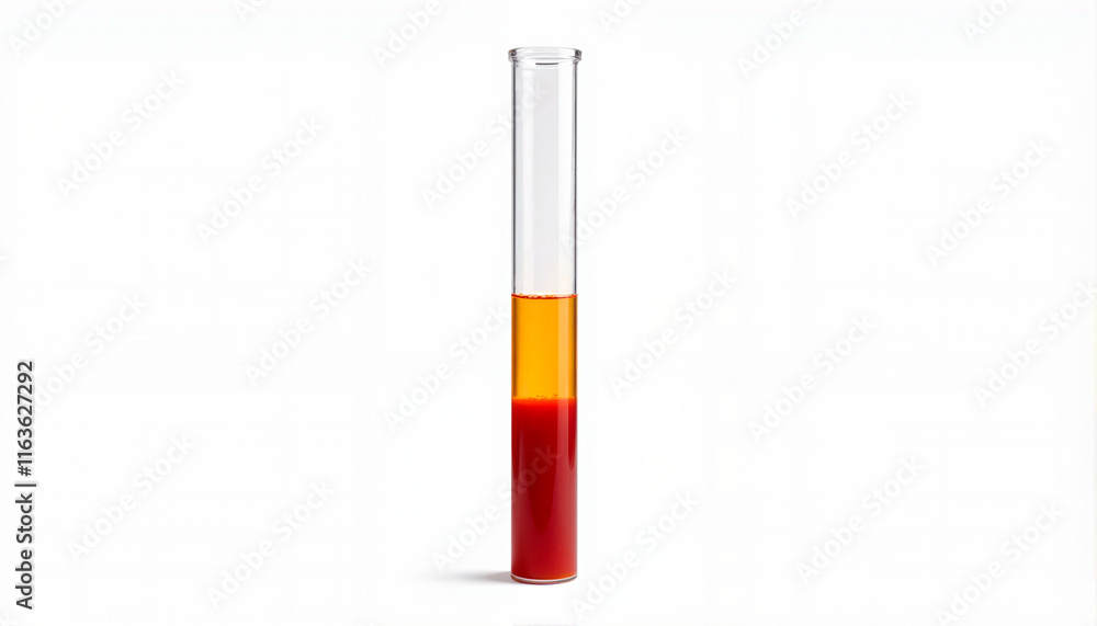 Test tube with orange and red liquid layers on white background for chemistry experiments, Chemistry theme Test tube with orange and red liquid layers on white background for chemistry experiments, Chemistry theme
