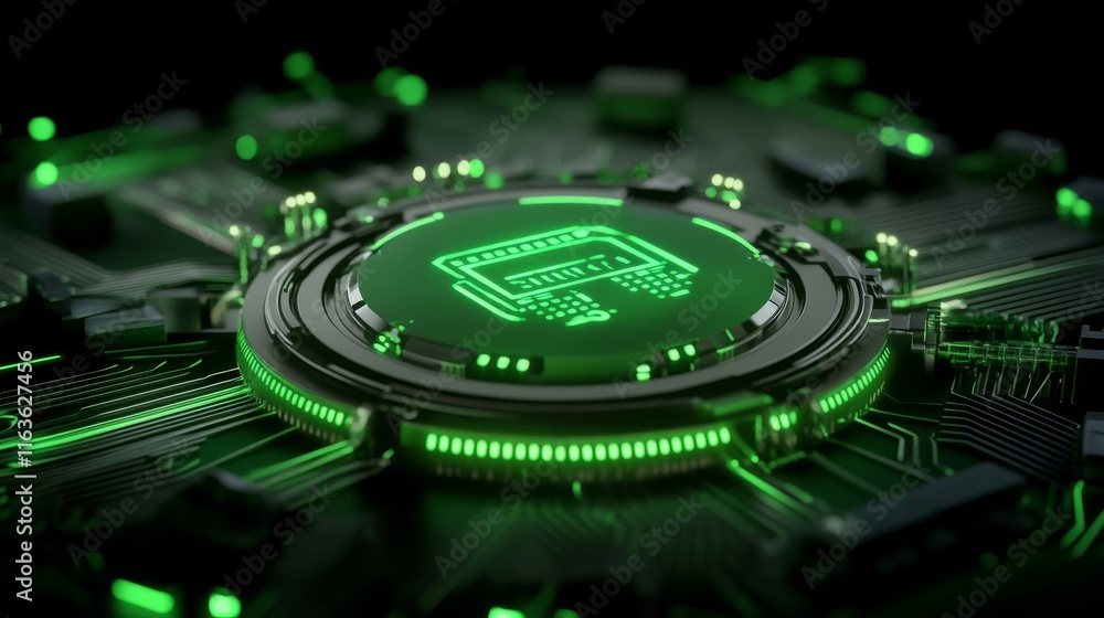 Safeguard data against security risks. Green-lit microchip on a circuit board with a futuristic design. Safeguard data against security risks. Green-lit microchip on a circuit board with a futuristic design.