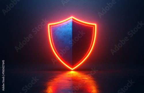 Neon Shield Icon on Dark Blue Background with Glowing Light Effect - Illustrative Security and Protection Symbol photo