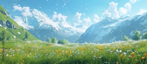 Scenic alpine meadow with snowy mountains.
