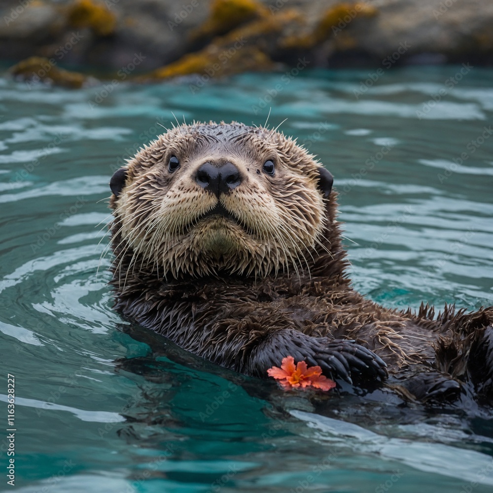 A sea otter cub with fur in teal and coral hues floating on its back, with blurred kelp forests. A sea otter cub with fur in teal and coral hues floating on its back, with blurred kelp forests.