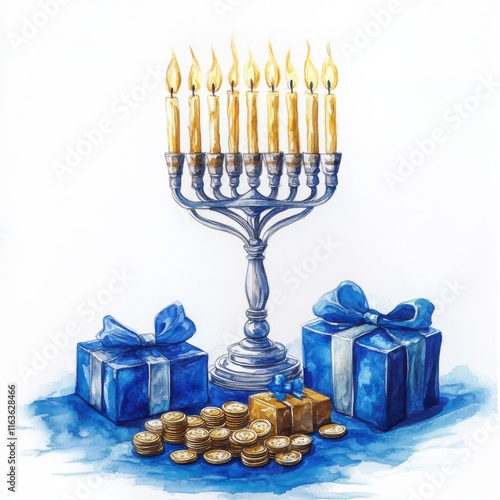 Watercolor menorah with gifts and coins hanukkah celebration festive table setting vibrant colors, isolated on white background photo