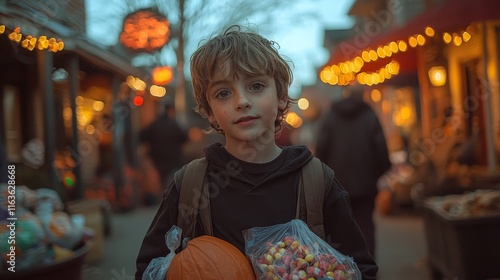 A mix of children in colorful, creative costumes explore the streets of a diverse neighborhood, partaking in the tradition of trick-or-treating photo