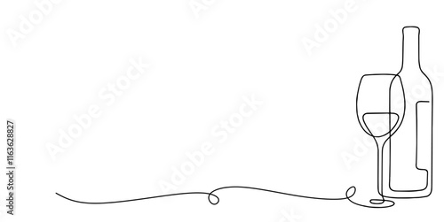 Continuous line art A bottle of wine with a wine glass and a bunch of grapes in a minimalist black linear Sketch drawing style isolated on a white background.