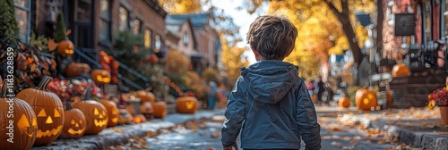 A young boy in a blue jacket meanders down a street where houses display jack-o-lanterns. Pumpkins, autumn leaves, and a festive spirit permeate the area photo