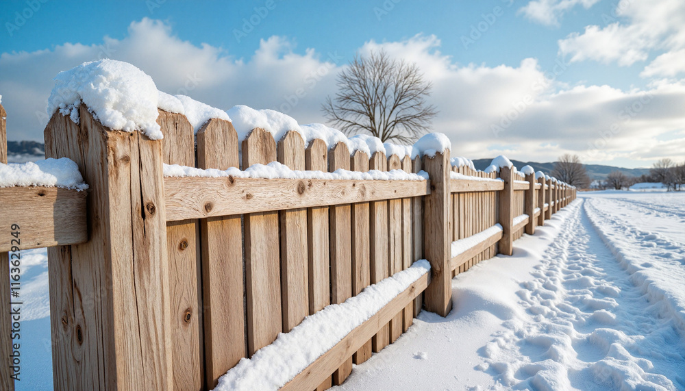 Fototapeta premium Snow-covered wooden fence against a winter landscape
