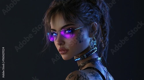 Wallpaper Mural Cyberpunk Girl with Glowing Glasses and Tattoos Torontodigital.ca