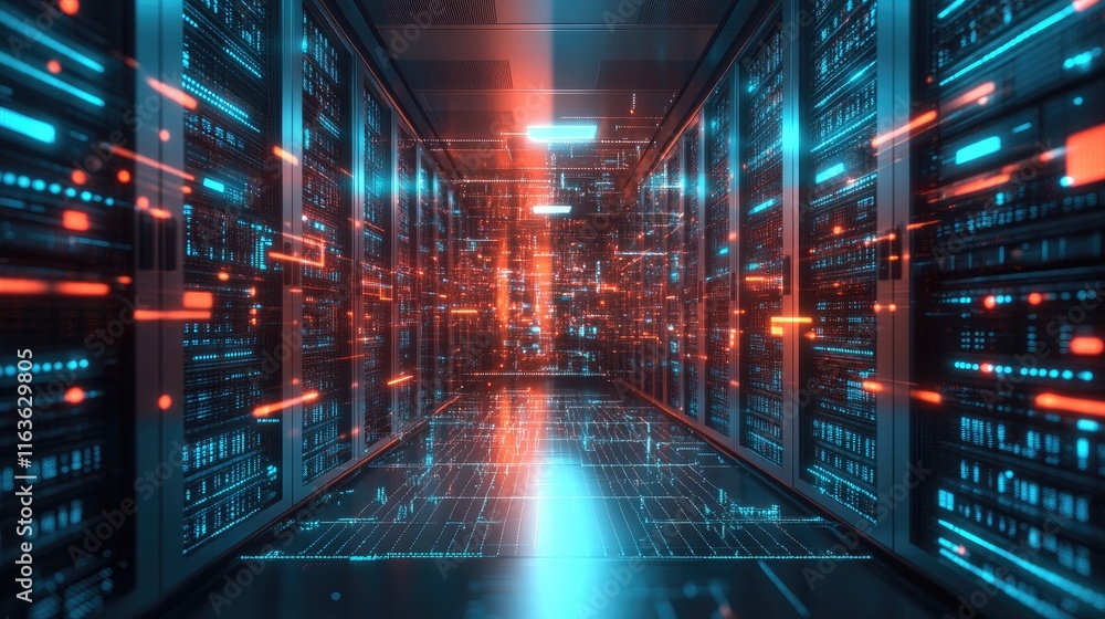 Server room 3d illustration with node base Server room 3d illustration with node base