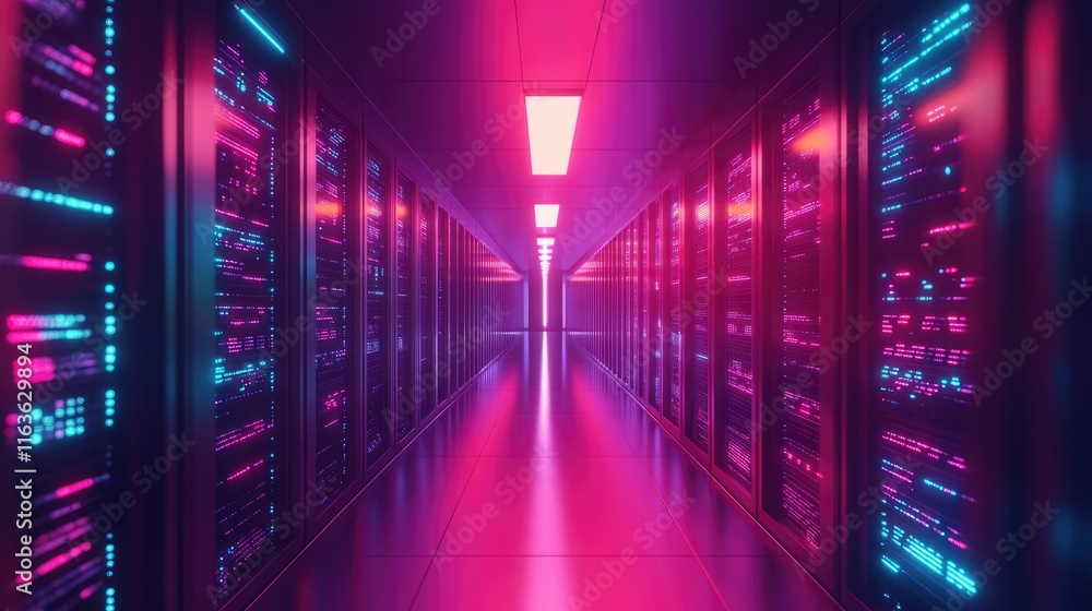 Server room 3d illustration with node base Server room 3d illustration with node base