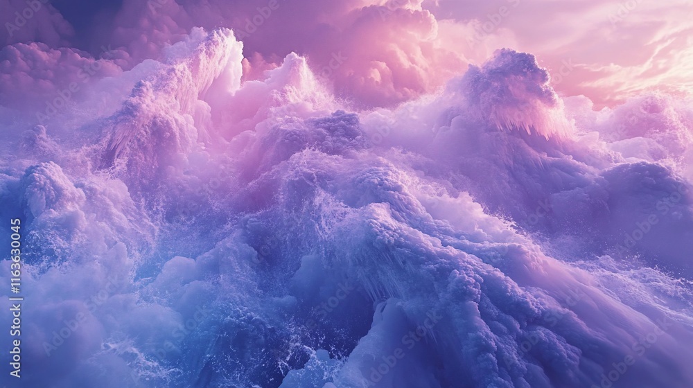Majestic, surreal cloudscape with vibrant, pastel hues of pink and purple, resembling mountainous peaks. Majestic, surreal cloudscape with vibrant, pastel hues of pink and purple, resembling mountainous peaks.