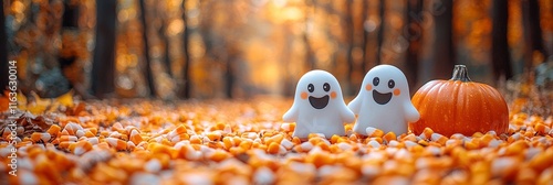 Upgrade your holiday greetings by setting up a Halloween display with candy corn, a ghost, a pumpkin, and the word 