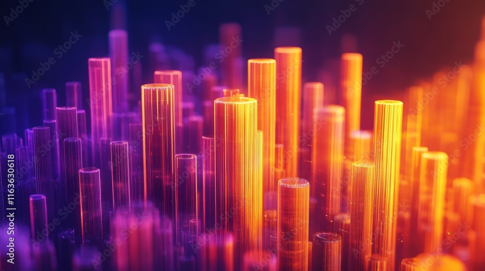 City Skyline Made of Golden Vertical Tubes in Orange and Purple Light, Dark Blue Background City Skyline Made of Golden Vertical Tubes in Orange and Purple Light, Dark Blue Background