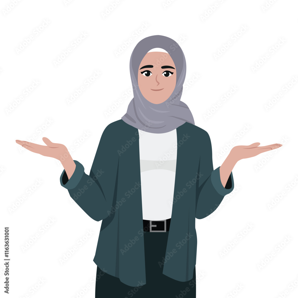 Confused Muslim woman shrugging shoulders. Flat vector character illustration Confused Muslim woman shrugging shoulders. Flat vector character illustration
