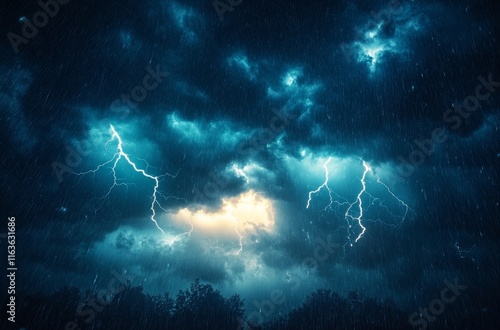 Dark Sky with Lightning and Rain Symbolizing Stormy Weather photo