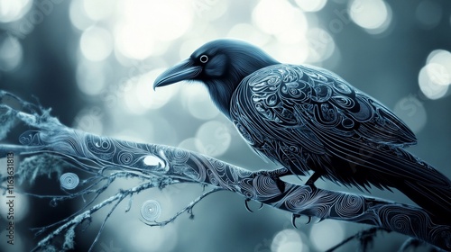 Intricate raven perched on branch, detailed design, soft focus, mystical, artistic, nature, dark,  bird, wildlife,  photo