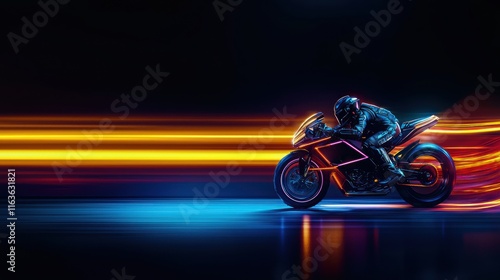 Futuristic Motorcyclist at High Speed, Neon Lights Trail