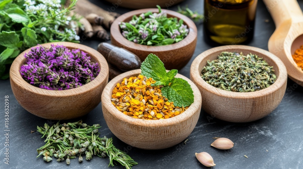 Vibrant Herbs and Spices in Wooden Bowls Vibrant Herbs and Spices in Wooden Bowls